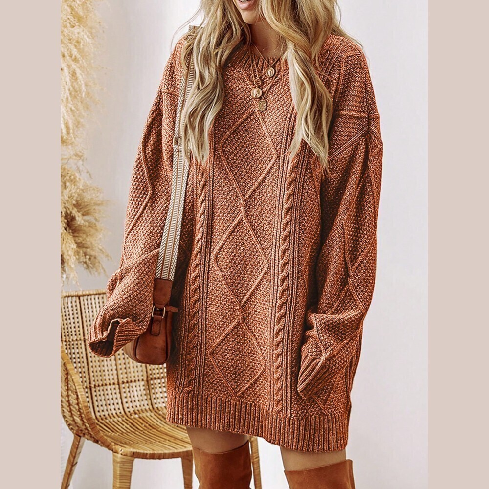 Rust Brown Cable Knit Round Neck Oversized Sweater Dress